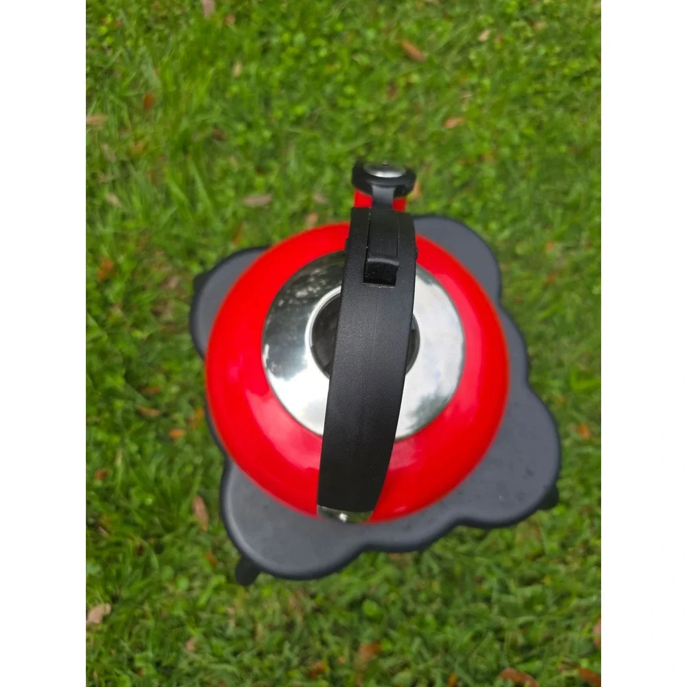 Red Enamel Whistling Tea Kettle Stovetop Water Pot with Black Handle